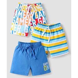 Babyhug Cotton Knit Mid Thigh Length Shorts with Stripes & Text Print Pack of 3 - Blue & White