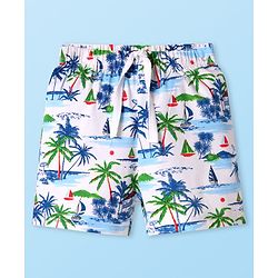 Babyhug Cotton Knit Mid Thigh Length Shorts with Beach Theme Print - White
