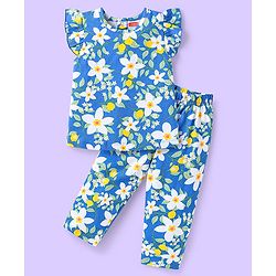 Babyhug Cotton Knit Frill Sleeves Co-ords Night Suit with Floral Print - Blue