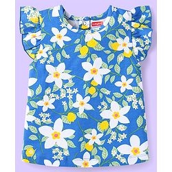 Babyhug Cotton Knit Frill Sleeves Co-ords Night Suit with Floral Print - Blue