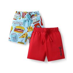 Babyhug Cotton Single Jersey Knit Mid Thigh Shorts with Food Print Pack of 2 - Red & Light Blue