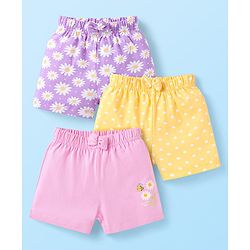 Babyhug Single Jersey Knit Mid Thigh Shorts with Polka Dot Floral Print & Bow Applique Pack Of 3 - Pink Purple & Yellow