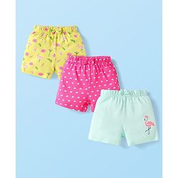 Babyhug Cotton Knit Mid Thigh Hearts Floral & Birds Printed Shorts with Bow Applique Pack of 3 - Dark Pink Yellow & Light Blue