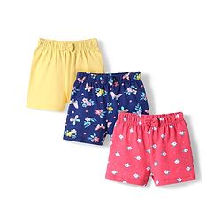 Babyhug Cotton Knit Mid Thigh Length Shorts with Floral Print & Bow Applique Pack of 3 - Red Yellow & Navy Blue