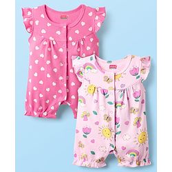 Babyhug 100% Cotton Knit Frill Sleeves Romper with Heart & Floral Print Pack of 2 - Pink & Dark Pink
