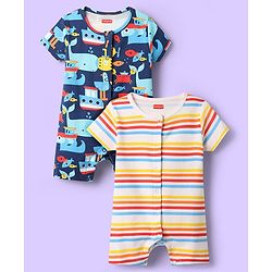 Babyhug 100% Cotton Knit Half Sleeves Romper with Stripes & Nautical  Print Pack of 2 - Navy Blue & White
