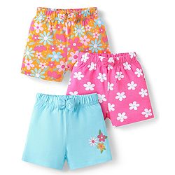 Babyhug Single Jersey Knit Mid Thigh Shorts with Floral Print & Bow Applique Pack Of 3 - Pink Orange & Light Blue
