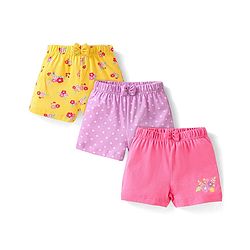Babyhug Cotton Knit Mid Thigh Floral & Polka Dots Printed Shorts with Bow Applique Pack of 3 - Pink Yellow & Lavender