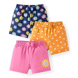 Babyhug Single Jersey Knit Mid Thigh Shorts with Polka Dot Floral Print & Bow Applique Pack of 3 - Pink Navy & Orange