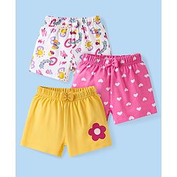 Babyhug Single Jersey Knit Mid Thigh Shorts Floral & Hearts Print Pack of 3 - Pink Yellow & White