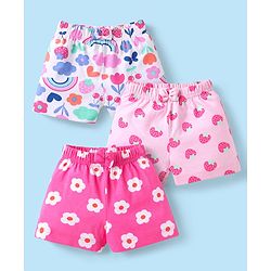 Babyhug Cotton Knit Mid Thigh Length Shorts with Tropical Theme Print & Bow Applique Pack of 3 - Pink & White