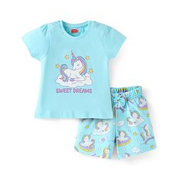 Babyhug Cotton Knit Half Sleeves Shorts Night Suit with Unicorn Print - Light Blue
