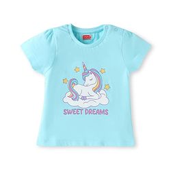 Babyhug Cotton Knit Half Sleeves Shorts Night Suit with Unicorn Print - Light Blue