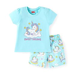 Babyhug Cotton Knit Half Sleeves Shorts Night Suit with Unicorn Print - Light Blue