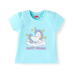 Babyhug Cotton Knit Half Sleeves Shorts Night Suit with Unicorn Print - Light Blue