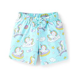 Babyhug Cotton Knit Half Sleeves Shorts Night Suit with Unicorn Print - Light Blue