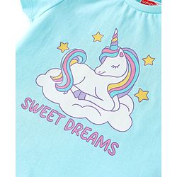 Babyhug Cotton Knit Half Sleeves Shorts Night Suit with Unicorn Print - Light Blue