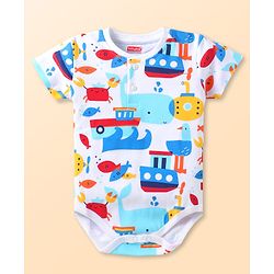 Babyhug 100% Cotton Knit Half Sleeves Onesie with Nautical Theme Print - White