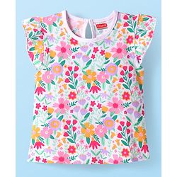 Babyhug Cotton Knit Frill Sleeves Top with Floral Print - White