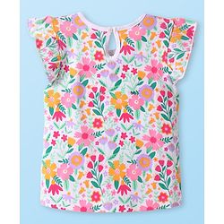 Babyhug Cotton Knit Frill Sleeves Top with Floral Print - White