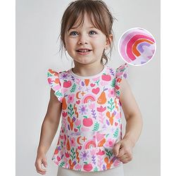 Babyhug Cotton Knit Frill Sleeves Top with Tropical Theme Print - White
