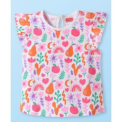 Babyhug Cotton Knit Frill Sleeves Top with Tropical Theme Print - White