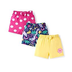 Babyhug Cotton Single Jersey Knit Mid Thigh Shorts With Floral & Polka Dot Print Pack of 3 - Pink Navy & Yellow