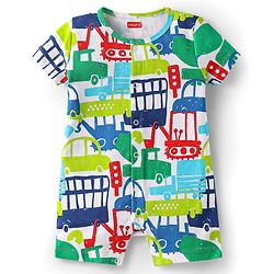 Babyhug 100% Cotton Knit Half Sleeves Romper with Vehicle  Print - White & Green