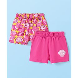 Babyhug Cotton Knit Mid Thigh Shell Printed Shorts with Bow Applique Pack of 2 - Dark Pink