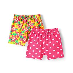 Babyhug Cotton Knit Mid Thigh Length Polka Dots & Floral Printed Shorts with Bow Applique Pack of 2 - Dark Pink & Yellow