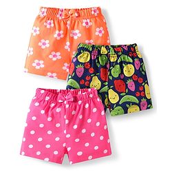 Babyhug Single Jersey Knit Mid Thigh Bow Applique Shorts with Polka Dots & Floral Print Pack of 3 - Dark Pink Navy Blue & Orange