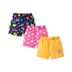 Babyhug Cotton Single Jersey Knit Mid Thigh Tropical Theme Printed Shorts with Bow Applique Pack of 3 - Pink Yellow & Navy Blue