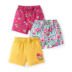 Babyhug Single Jersey Knit Mid Thigh Shorts Floral Print Pack of 3 - Dark Pink Yellow & White