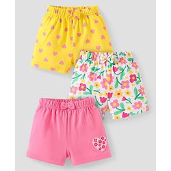 Babyhug Single Jersey Knit Mid Thigh Shorts with Polka Dot Floral Print & Bow Applique Pack of 3 - Pink & White