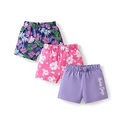 Babyhug Cotton Knit Mid Thigh Length Shorts with Tropical Theme Print & Bow Applique Pack of 3 - Pink Navy Blue & Lilac