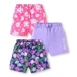 Babyhug Cotton Single Jersey Knit Mid Thigh Shorts Floral & Leafy Print Pack of 2 - Pink Navy & Purple