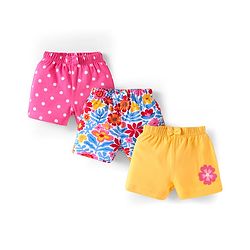 Babyhug Cotton Knit Mid Thigh Shorts with Floral & Polka Dot Print & Bow Applique Pack of 3 - Pink & Yellow