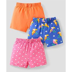 Babyhug Cotton Knit Mid Thigh Polka Dots & Birds Printed Shorts with Bow Applique Pack of 3 - Blue Pink & Orange