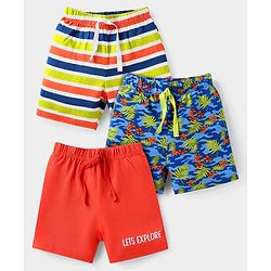 Babyhug Cotton Knit Mid Thigh Length Shorts with Tropical Theme Print & Stripes Pack of 3 - Red Blue & Light Green