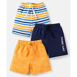 Babyhug Cotton Knit Mid Thigh Length Shorts with Sports Theme Print & Stripes Pack of 3 - Yellow & Navy Blue