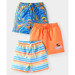 Babyhug Cotton Knit Mid Thigh Length Shorts with Beach Theme Print & Stripes Pack of 3 - Orange & Blue