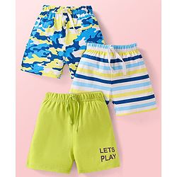 Babyhug Single Jersey Knit Mid Thigh Shorts with Stripes Camouflage & Text Print Pack of 3 - Blue White & Light Green