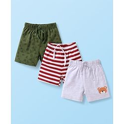 Babyhug Cotton Knit Mid Thigh Shorts with Bear Print & Stripes Pack of 3 - Green Maroon & Grey