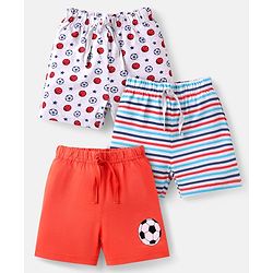 Babyhug Cotton Knit Mid Thigh Length Shorts with Stripes & Football Print Pack of 3 - White & Red