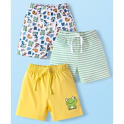 Babyhug Cotton Knit Mid Thigh Length Shorts with Stripes & Frog Print Pack of 3 - White & Yellow