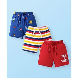 Babyhug Cotton Knit Mid Thigh Length Shorts with Beach Theme Print & Stripes Pack of 3 - Red Yellow & Navy Blue