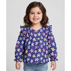 Babyhug Woven Full Peasant Sleeves Top With Floral Print & Frill Detailing - Blue