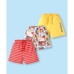 Babyhug Cotton Single Jersey Knit Mid Thigh Striped Shorts with Text & Adventure Theme Print Pack of 3 - Yellow White & Red