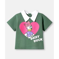 Babyhug Disney Single Jersey Knit Half Sleeves Overlapped T-Shirt & Skirt Set With Daisy Duck Graphics - Dark Green