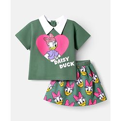 Babyhug Disney Single Jersey Knit Half Sleeves Overlapped T-Shirt & Skirt Set With Daisy Duck Graphics - Dark Green